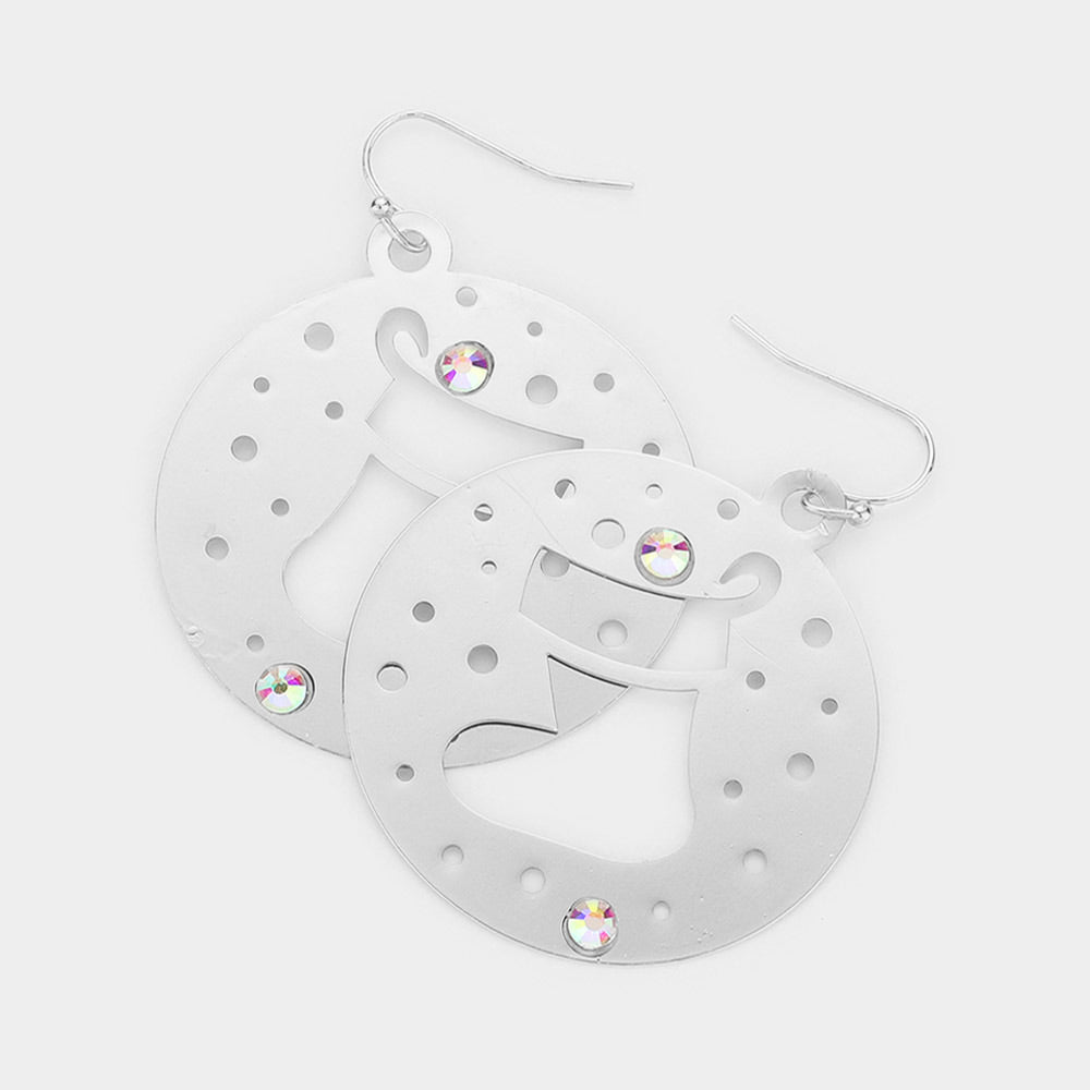 Silver-Stone Embellished Cut Out Christmas Socks Brass Metal Round Dangle Earrings.Metal Round Dangle Earrings are Perfect for the holiday season. Made with brass metal, they feature a festive cut-out Christmas sock design and sparkling stone embellishments. The round dangle design adds a touch of elegance to any outfit.