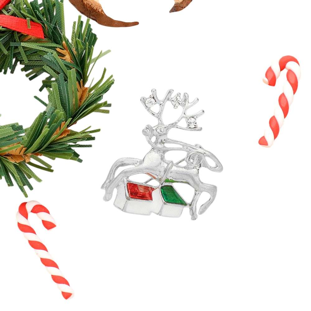 Stone Embellished Metal Reindeer Brooch - Brooches