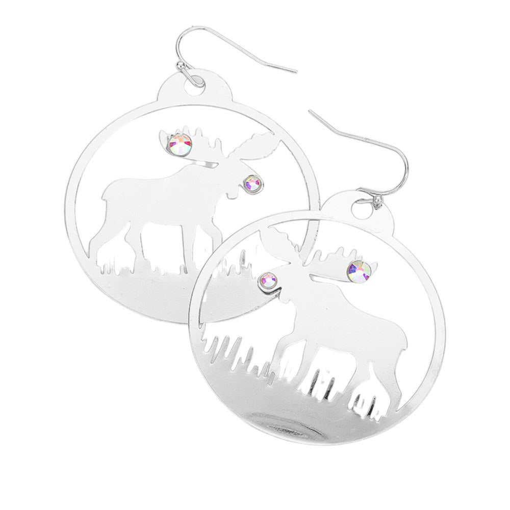 Silver-Stone Embellished Rudolph Accented Brass Metal Round Dangle Earrings, Add a touch of festive charm to any outfit. Made with high-quality brass metal and adorned with sparkling stones, these round dangle earrings are perfect for any occasion. The Rudolph accent adds a playful touch to the elegant design.