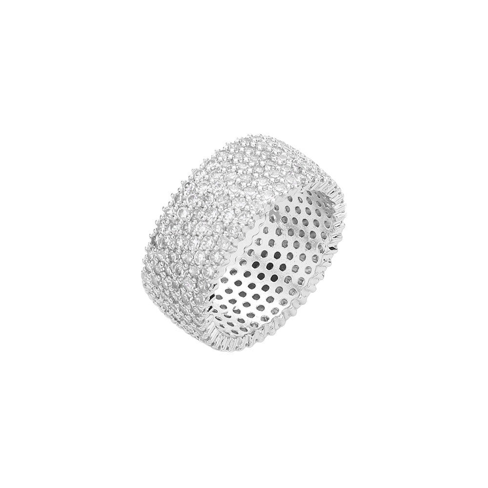 Silver Stone Paved Band Ring is crafted from durable materials for a timeless look and long-lasting quality. The elegant design features pave-set glittering stones that sparkle and shine. Perfect for any special occasion or everyday wear, this ring makes a stunning statement. A nice gift choice for friends and family.