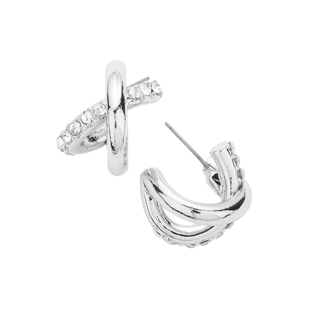 Silver Stone Paved Crossover Hoop Earrings, are crafted with exquisite precision and quality. The classic hoop design is complemented with stone-paved detail, creating a unique and eye-catching look. Perfect for adding a touch of subtle sophistication to any look. Perfect gift idea for someone you love.
