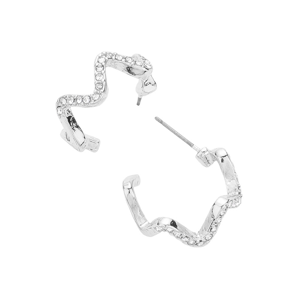Silver Stone Paved Wavy Metal Hoop Earrings, feature an elegant wavy design crafted from metal and adorned with stunning stones. These earrings offer an eye-catching and unique look while staying lightweight and comfortable. Perfect for everyday or special occasions! Nice gift idea for jewelry lover family members and friends