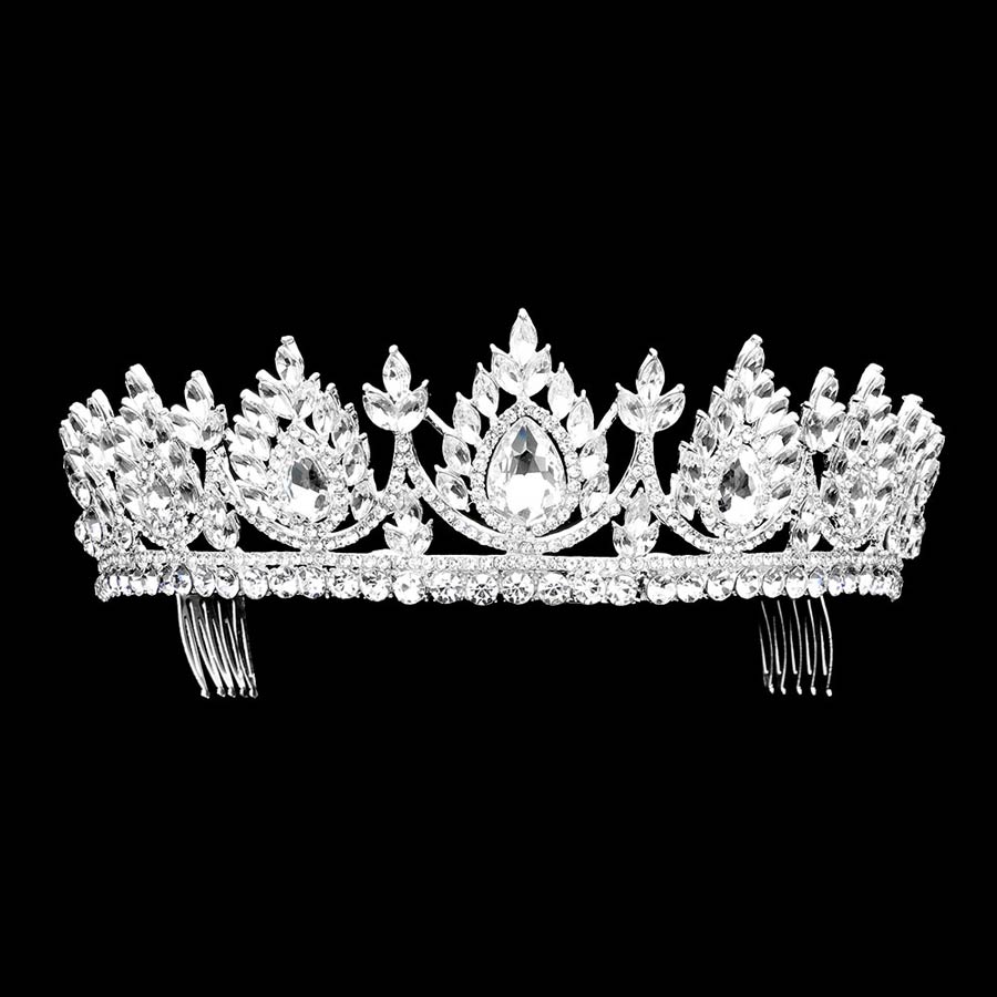 Teardrop Accented Marquise Stone Cluster Princess Tiara - Silver - Tiaras