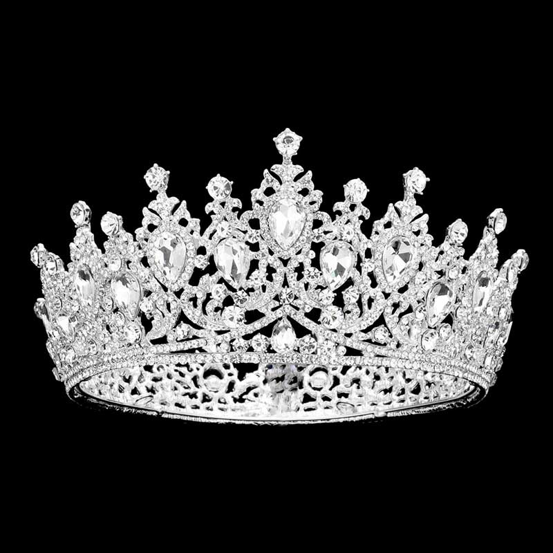 Teardrop Stone Accented Crown Tiara - Silver - Tiaras