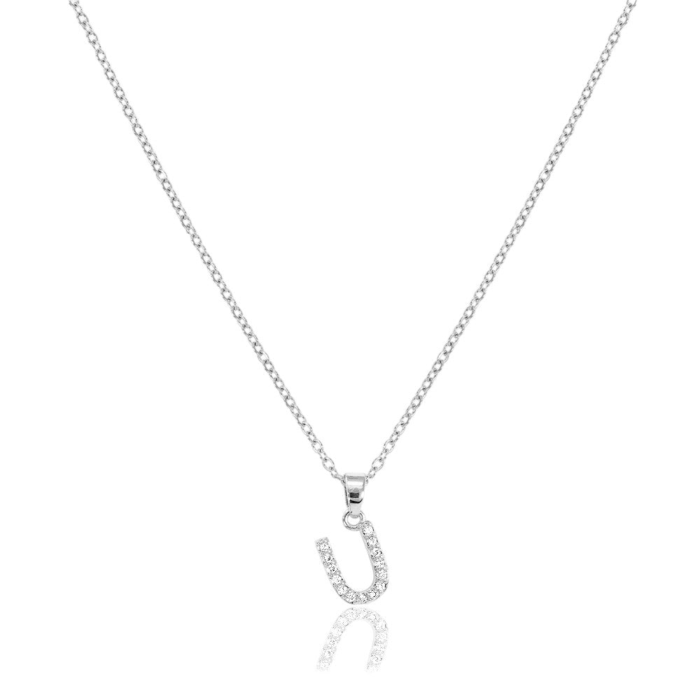 Silver U Stainless Steel CZ Stone Paved Monogram Pendant Necklace features a stunning and unique design. The high-quality stainless steel construction and CZ stone pave detailing ensures durability and add a touch of elegance. Perfect for accessorizing any outfit and making a personalized statement.
