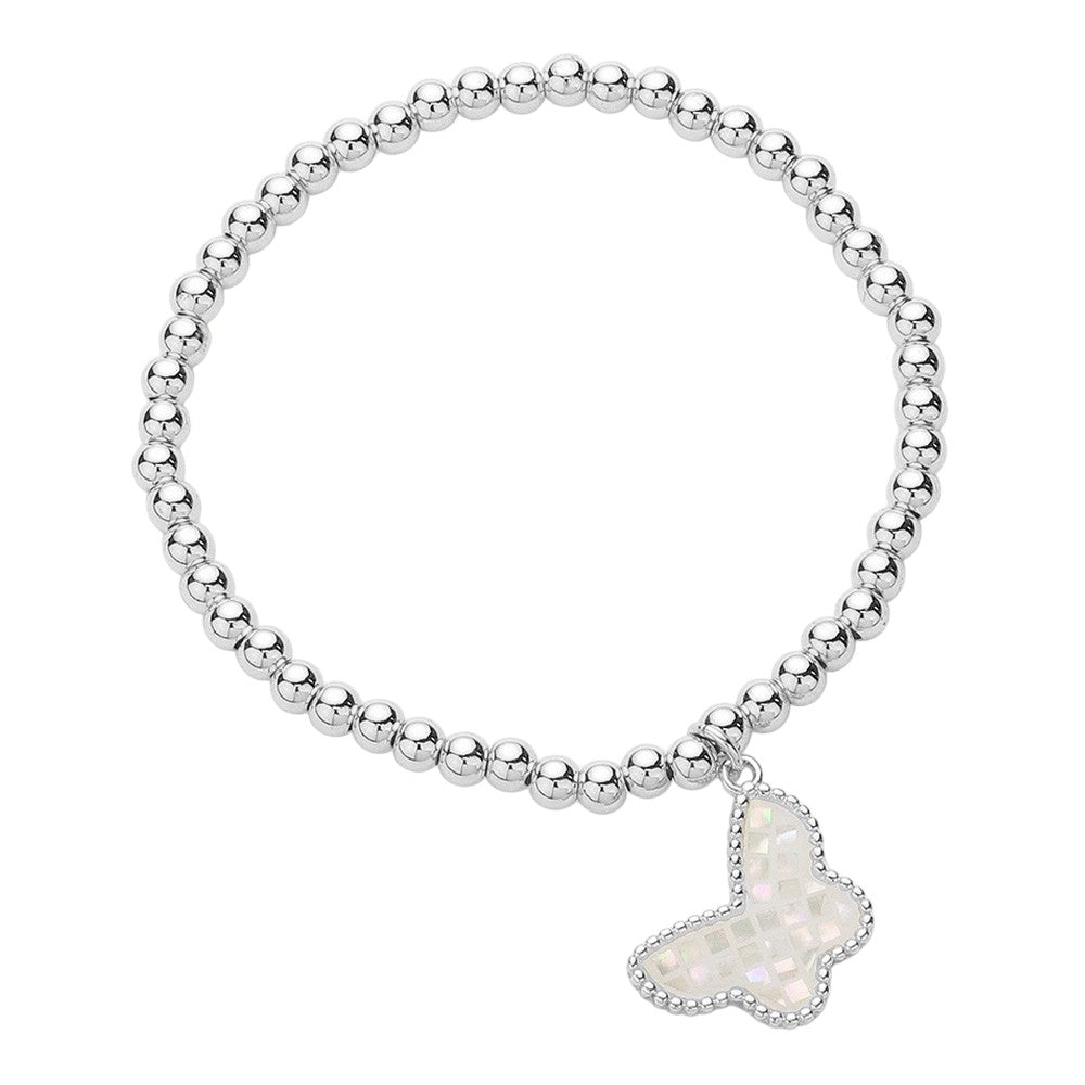 Butterfly Charm Pointed Stainless Steel Ball Beaded Bracelet - Silver White - Bracelets