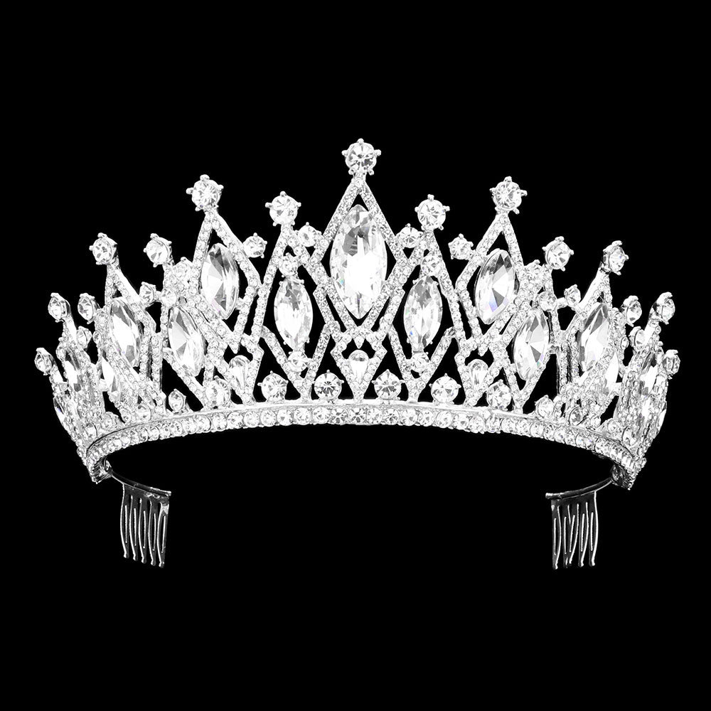 Silver Marquise Stone Accented Princess Tiara is exquisitely crafted with a marquise-cut stone set in a sleek metal band, this timeless piece adds a touch of classic elegance to any special occasion. Perfect for bringing a touch of regal elegance, shimmer and shine on your wedding day, Prom, Sweet 16, Quincenera, Novia