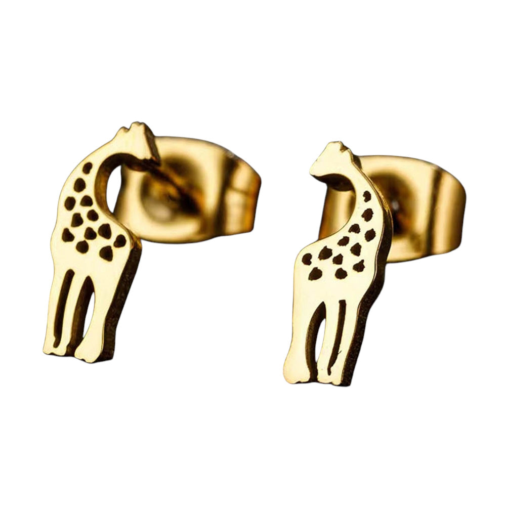 Gold Stainless Steel Giraffe Stud Earrings are a stylish addition to any jewelry collection. Made from durable stainless steel, these earrings are both hypoallergenic and resistant to tarnishing. With a unique and eye-catching design, these earrings are sure to make a statement. Perfect for any animal lover or fashion enthusiast.