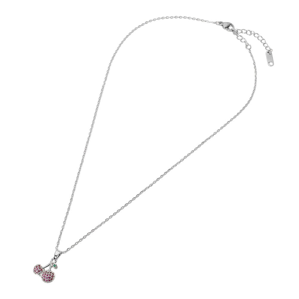Silver Stainless Steel Stone Paved Cherry Pendant Necklace features a beautiful cherry pendant adorned with sparkling stones, crafted with durable stainless steel for a timeless and elegant look. Perfect for adding a touch of sophistication to any outfit. A must-have accessory for any fashion-forward individual.