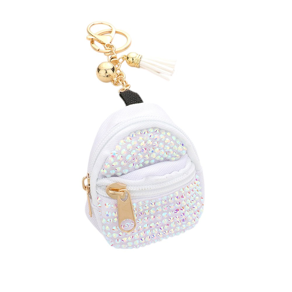 Studded Backpack Bag Tassel Bag Charm - White - Keychains