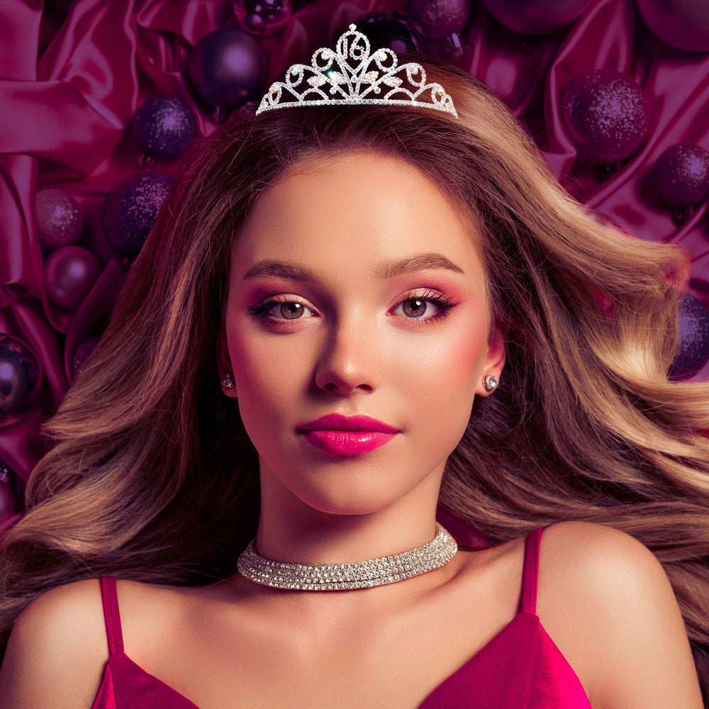 Madeline Love AB, Silver Sweet 16 Rhinestone Paved Birthday Party Princess Tiara - Hair Accessories