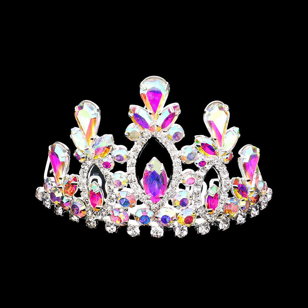 Madeline Love AB, Silver Marquise Teardrop Stone Cluster Embellished Princess Mini Tiara - Hair Accessories