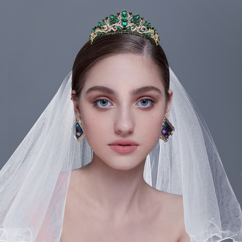 Madeline Love Clear, Emerald, Gold Teardrop Oval Stone Cluster Embellished Princess Tiara - Hair Accessories