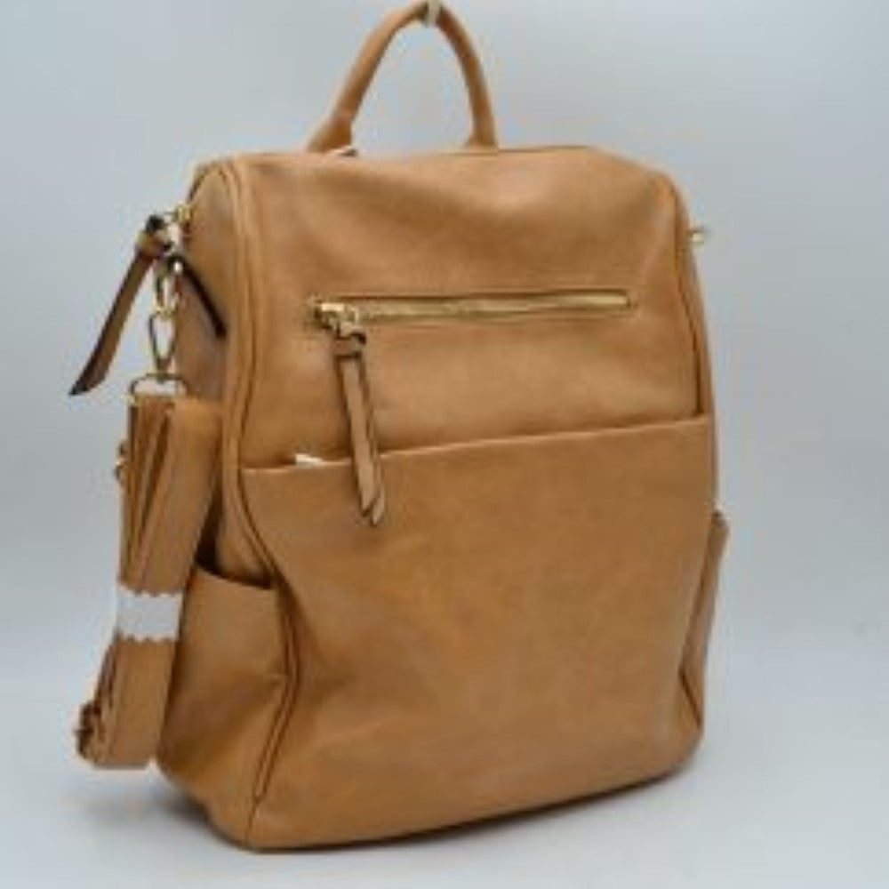 Tan This practical backpack features a textured, subtly grained exterior designed for organized everyday use. It provides multiple functional storage compartments, including a spacious main section accessed via curved top zippers, a horizontal front zippered pocket with an elongated pull tab, and a deep slip pocket underneath. A side open pouch offers additional quick-access storage along the lower edge. The design is completed by a sturdy top loop handle for convenient hand carrying