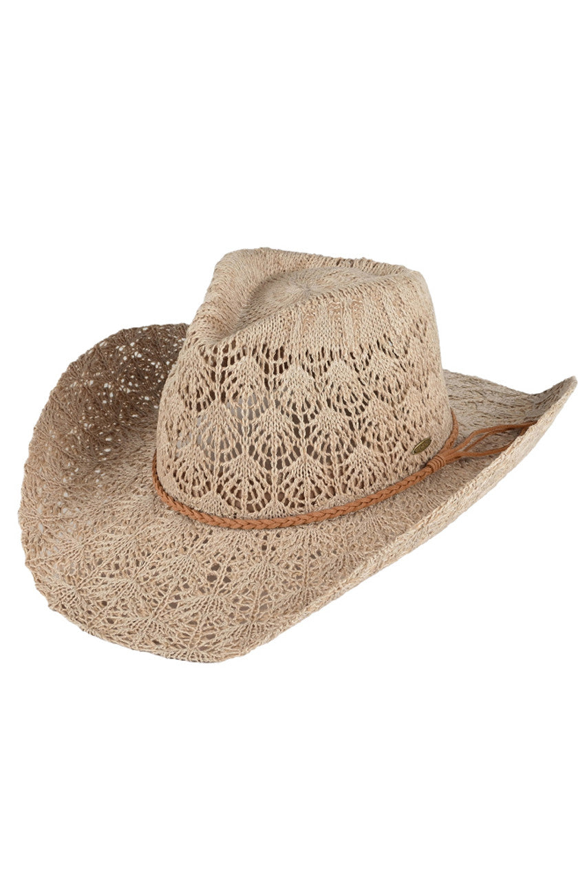 Taupe C.C. Horseshoe Lace Knitting Cowboy Hat is expertly crafted with intricate lace details and a classic western design. Made with high-quality materials, it offers both style and functionality, perfect for any outdoor adventure. Keep the sun out of your eyes while adding a touch of elegance to your outfit.