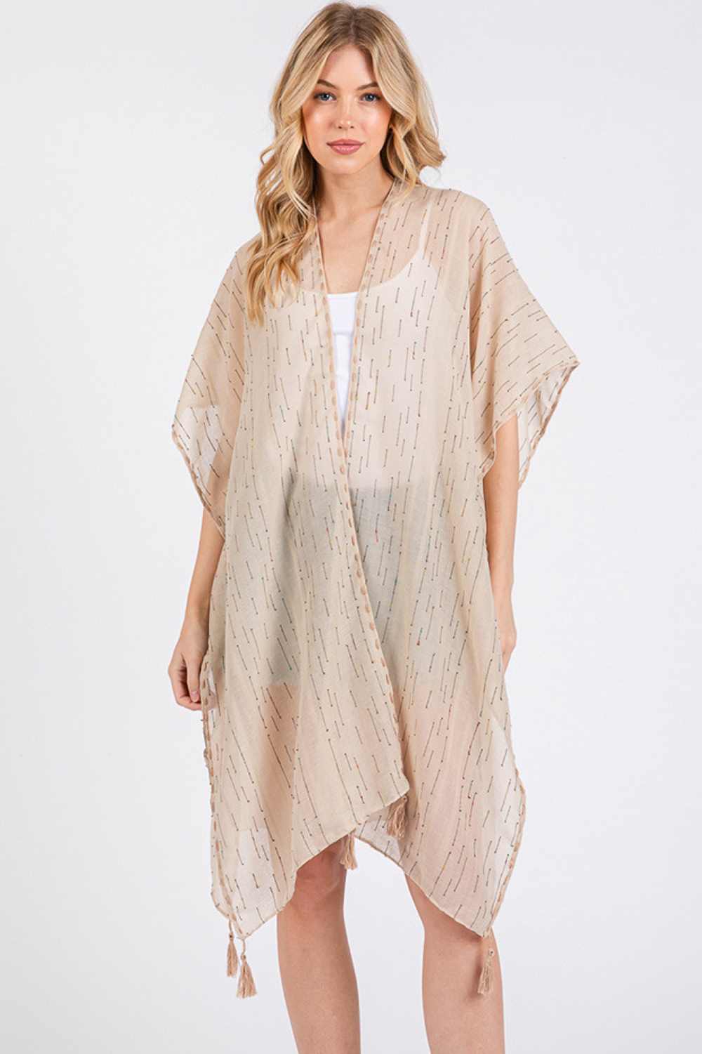Taupe Effortless summer style meets vibrant detail with this lightweight kimono cover-up. Crafted from 100% polyester, it features colorful stitch trim and playful tassels that add movement and personality to any beach or poolside look. The generous 31" x 35" dimensions provide comfortable coverage over swimwear or casual outfits. Perfect for layering during warm-weather getaways, this versatile piece transitions seamlessly from day to evening. Machine washable and designed for easy care, it's an essential