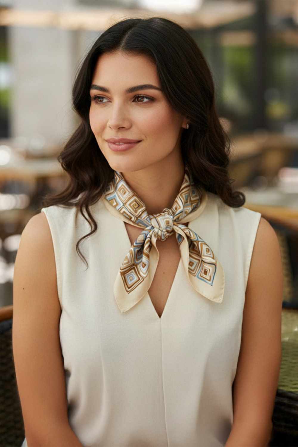 Taupe Elevate your accessory game with this modern abstract square pattern bandana scarf. Crafted from 100% lightweight polyester with a silky finish, it's the perfect year-round companion for any outfit. Measuring 27.5" x 27.5", this versatile scarf works as a headwrap, neck accessory, or styling statement piece. The contemporary geometric print adds an artistic touch to casual and dressed-up looks alike. Soft, breathable, and easy to care for your new go-to accessory.