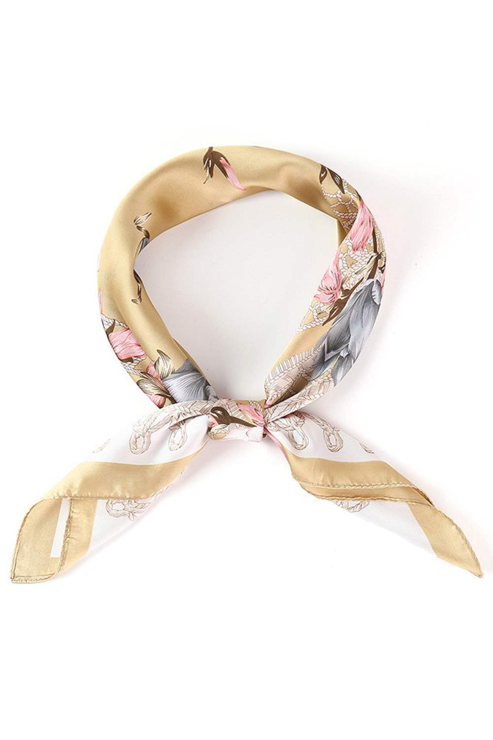 Taupe Brighten your summer style with this vibrant multi-color floral bandana scarf. Featuring an eye-catching flower pattern with decorative edge print, this lightweight accessory is perfect for warm weather wear. Crafted from 100% polyester, it offers breathable comfort and easy care. The generous 27.5" x 27.5" square size makes it versatile wear it as a headscarf, neck wrap, or tie it to your bag. Ideal for adding a pop of color to any casual outfit.