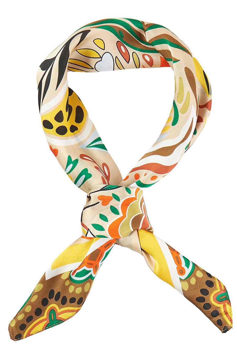 Taupe Embrace tropical vibes with this lightweight bandana scarf, perfect for warm weather styling. Featuring a vibrant tropical leaves print pattern, this versatile square scarf measures 27.5" x 27.5" and is crafted from 100% polyester for breathable comfort. Wear it as a headscarf, neck wrap, or tie it to your bag for an instant style boost. Ideal for summer adventures, beach days, or adding a pop of color to any casual outfit.