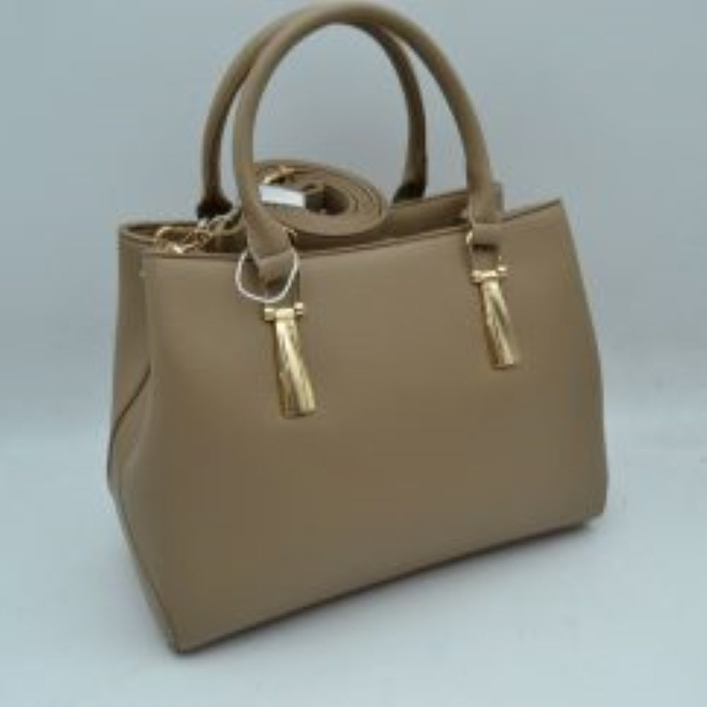Taupe This structured satchel features a clean silhouette and a finely textured exterior finish, making it a sophisticated choice for elevated everyday use. The front panel is detailed with unique, polished metallic vertical hardware attachments that secure the sturdy, rounded dual top handles for a classic hand carry. An open-top style provides convenient access to the main storage compartments