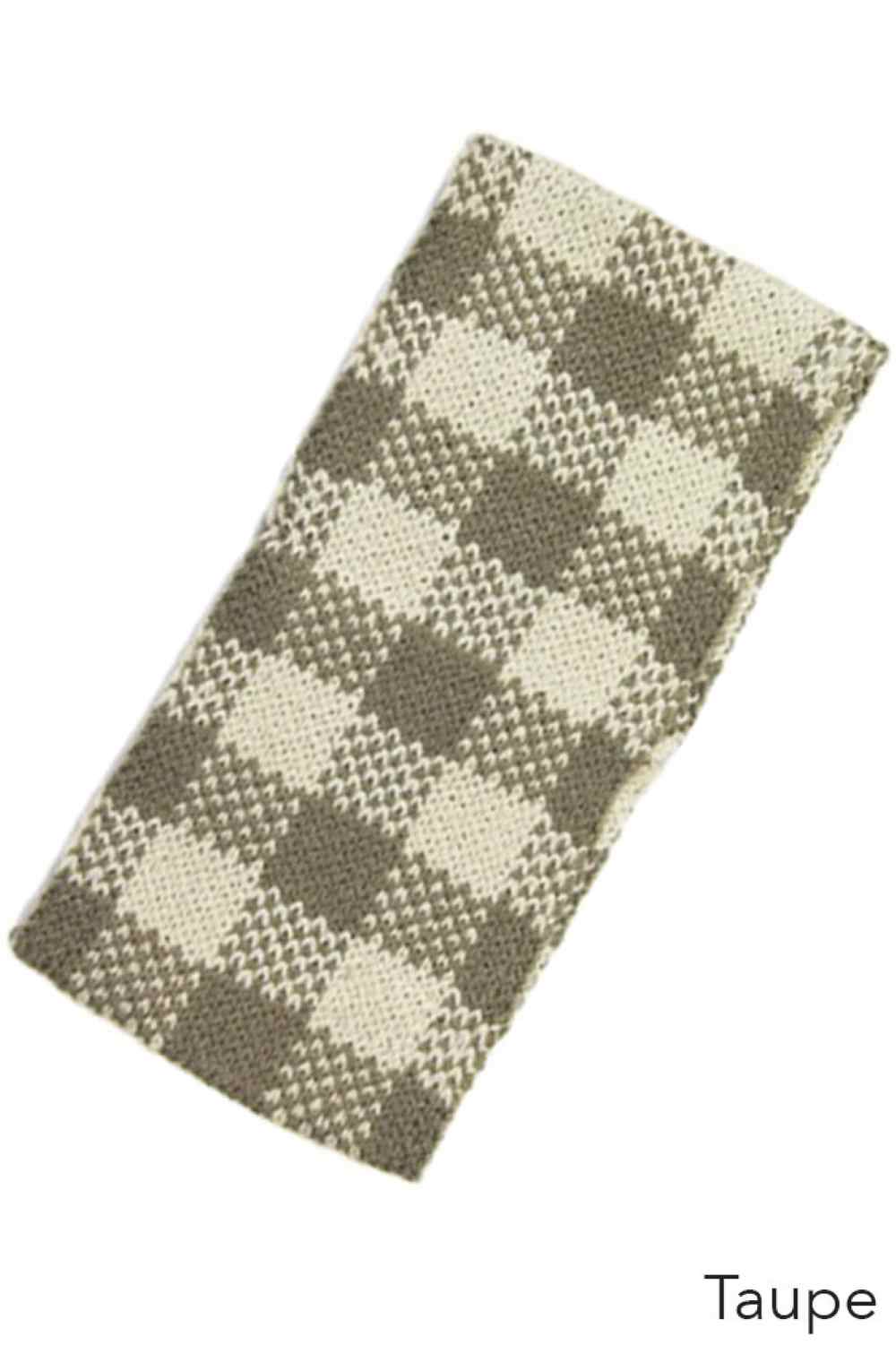 Taupe Stay warm and stylish with this checked pattern knit headband. Crafted from soft, durable 100% acrylic, it offers cozy comfort for chilly days. The generous 4" x 8.6" size fits most head sizes with a comfortable stretch. Perfect for outdoor activities, casual wear, or layering under hats. Machine washable for easy care.