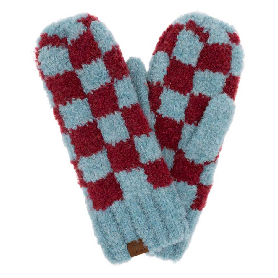 C.C Checkered Pattern Boucle Mittens - Teal Burgundy - Mittens