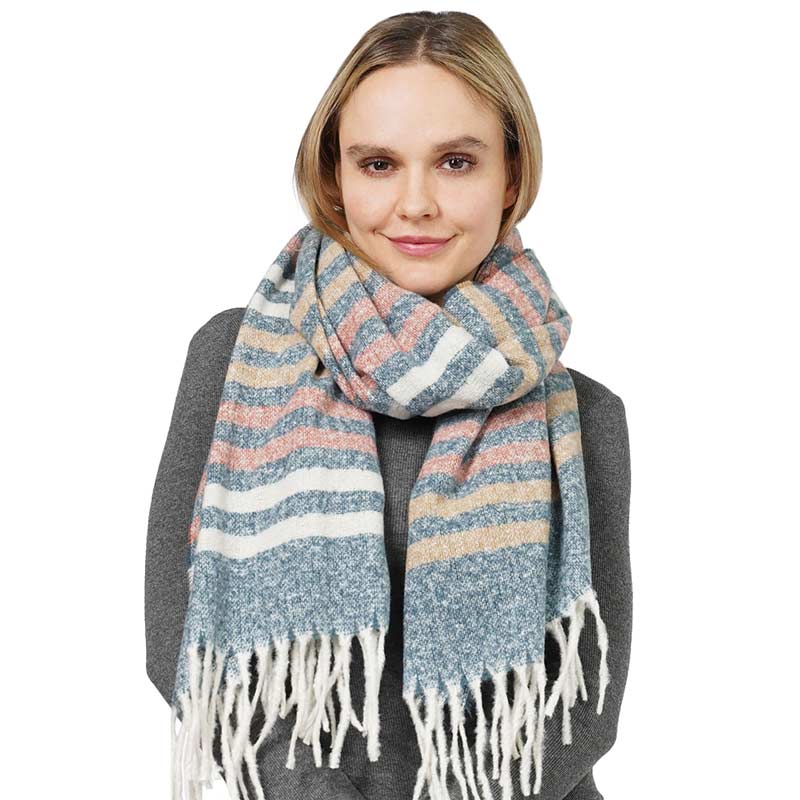 Teal Striped Fringe Scarf, is delicate, warm, on-trend & fabulous, and a luxe addition to any cold-weather ensemble. This striped fringe scarf combines great fall style with comfort and warmth. It's a perfect weight and can be worn to complement your outfit. Perfect gift for birthdays, holidays, or any occasion.