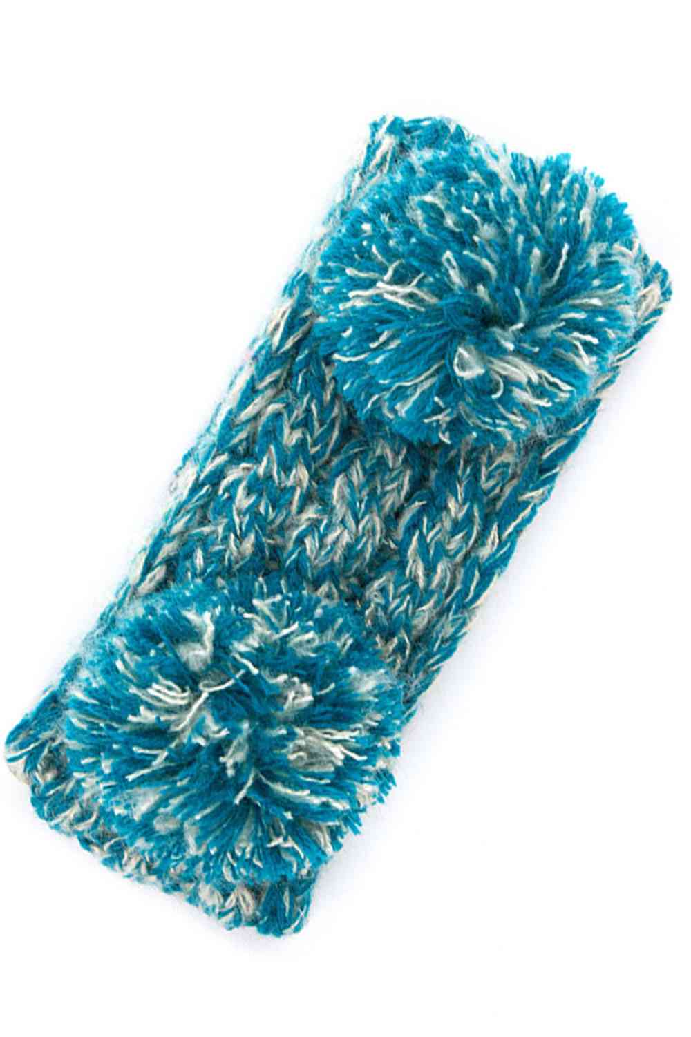 Teal Cozy two-tone kids head wrap featuring a soft fuzzy lining for extra warmth and comfort. Double pom-pom design adds playful style perfect for cold weather. Crafted from 100% acrylic for durability and easy care. One size fits most children. A practical accessory that keeps little ones warm while looking adorable.
