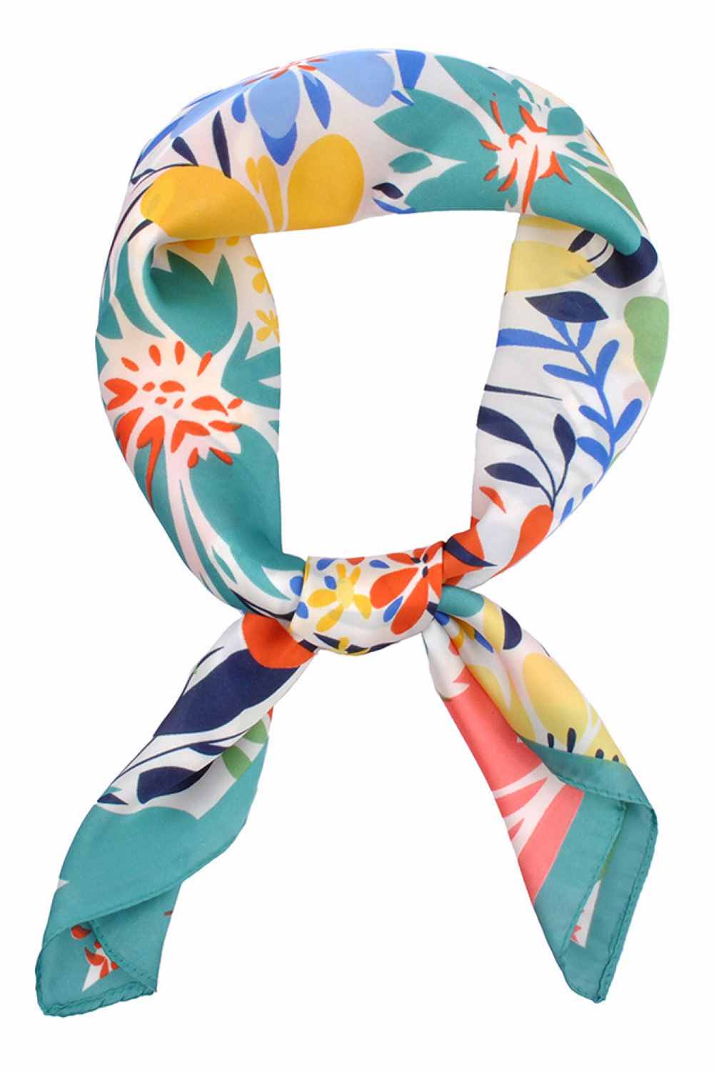 Teal Brighten your summer style with this vibrant floral pattern bandana scarf. Crafted from lightweight 100% polyester, it's perfect for warm weather wear tie it around your neck, head, or wrist for effortless versatility. The generous 27.5" x 27.5" square cut offers plenty of styling options. Whether you're heading to the beach, running errands, or adding a pop of color to any outfit, this easy-care scarf keeps you cool and fashionable all season long.