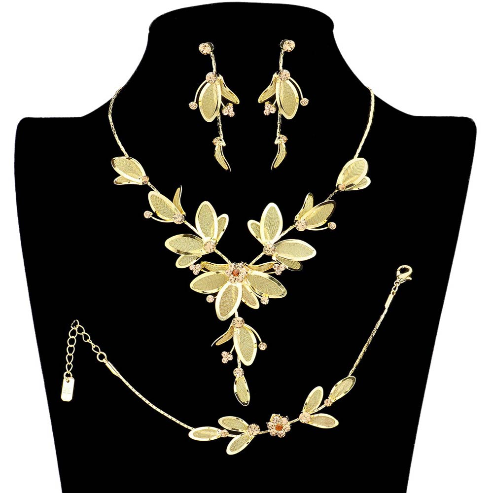 Topaz Stone Accented Metal Mesh Petal Jewelry Set, These Necklace jewelry sets are Elegant. Get ready with these beautifully floral detailed stone Necklace and a bright Bracelet, adds a gorgeous glow to any outfit. Stunning jewelry set will sparkle all night long making you shine out like a diamond. Suitable for wear Party, Wedding, Date Night or any special events. Perfect Birthday, Anniversary, Prom Jewelry, Thank you Gift.
