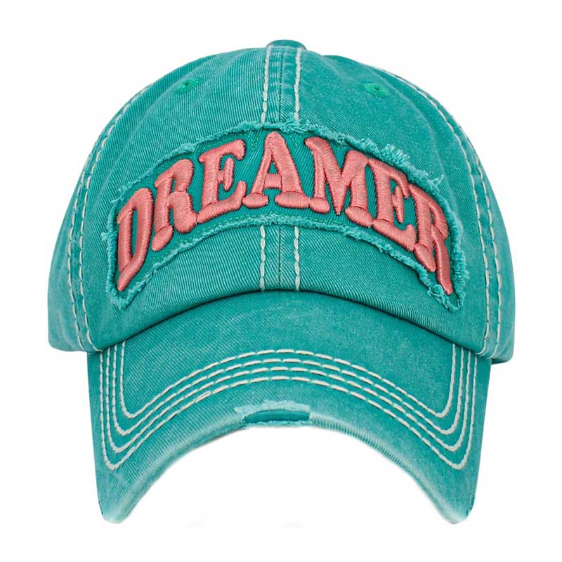 Turquoise Dreamer Message Vintage Baseball Cap, is crafted from durable cotton twill. It features an adjustable strap with an antique brass buckle for a snug fit and a unique vintage look. The bold printed message displays the wearer's commitment to their dream. Get the perfect fit and stylish look with this one-of-a-kind cap.