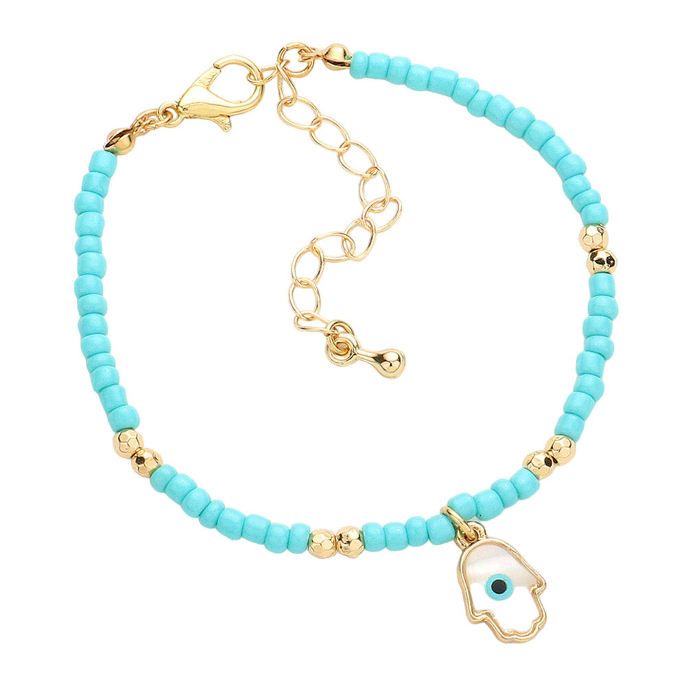 Turquoise Evil Eye Centered Hamsa Hand Charm Seed Beaded Bracelet, these evil eye-centered hamsa hand charm seed beaded bracelets are easy to put on, and take off and so comfortable for daily wear. Awesome gift for birthdays, Valentine’s Day, or any meaningful occasion.
