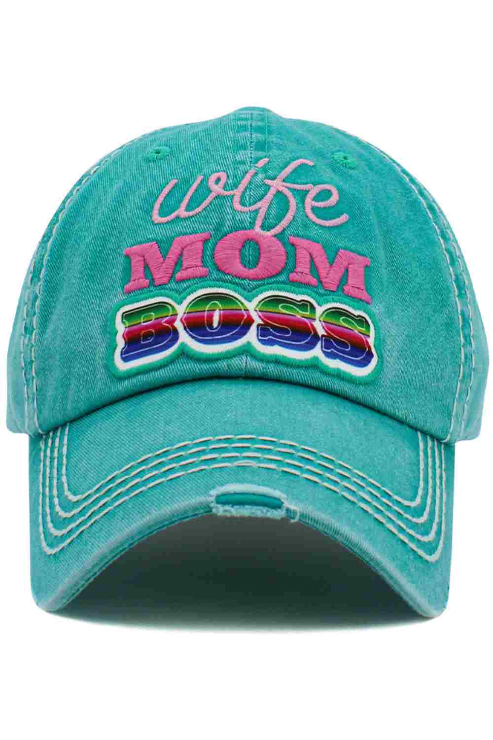Turquoise The WIFE MOM BOSS Vintage Ball Cap features a bold, empowering slogan with a classic vintage-inspired design for a stylish everyday look. Comfortable and easy to wear, it’s perfect for casual outings, errands, and adding a confident touch to any outfit.