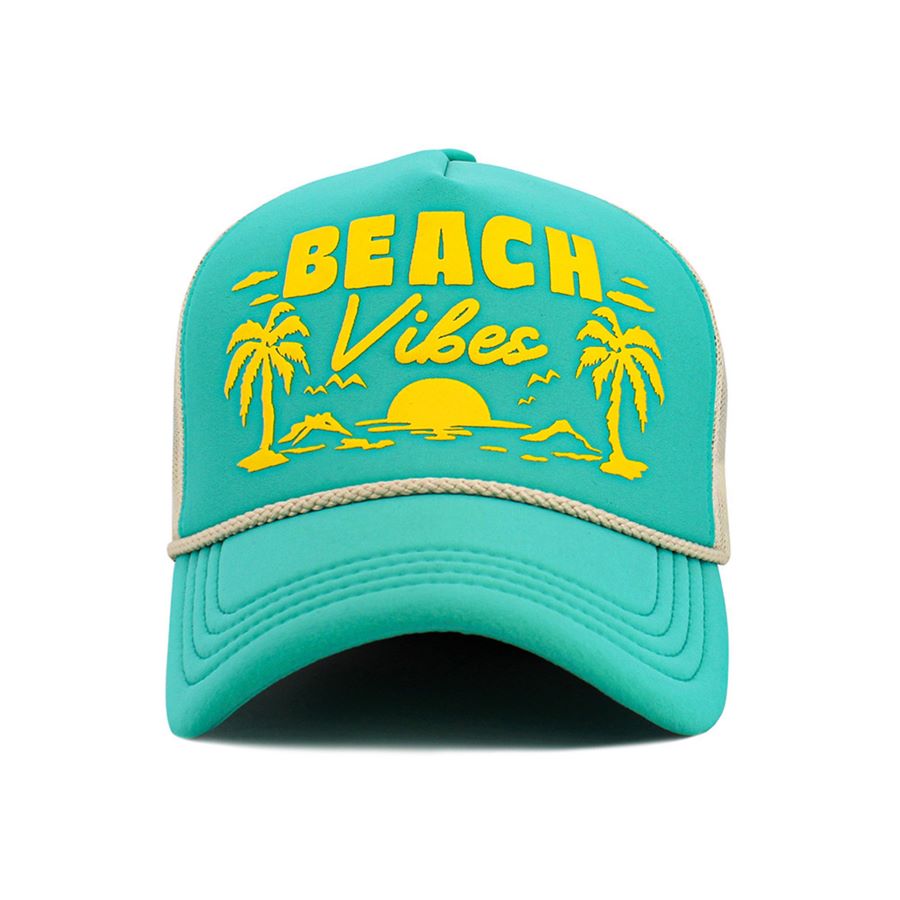 Turquoise Stone Capture easygoing summer style with this BEACH VIBES foam trucker hat, featuring bold lettering and a tropical tree graphic for a fun, sunny look. Lightweight and breathable, it’s perfect for beach days, vacations, and relaxed outdoor wear.