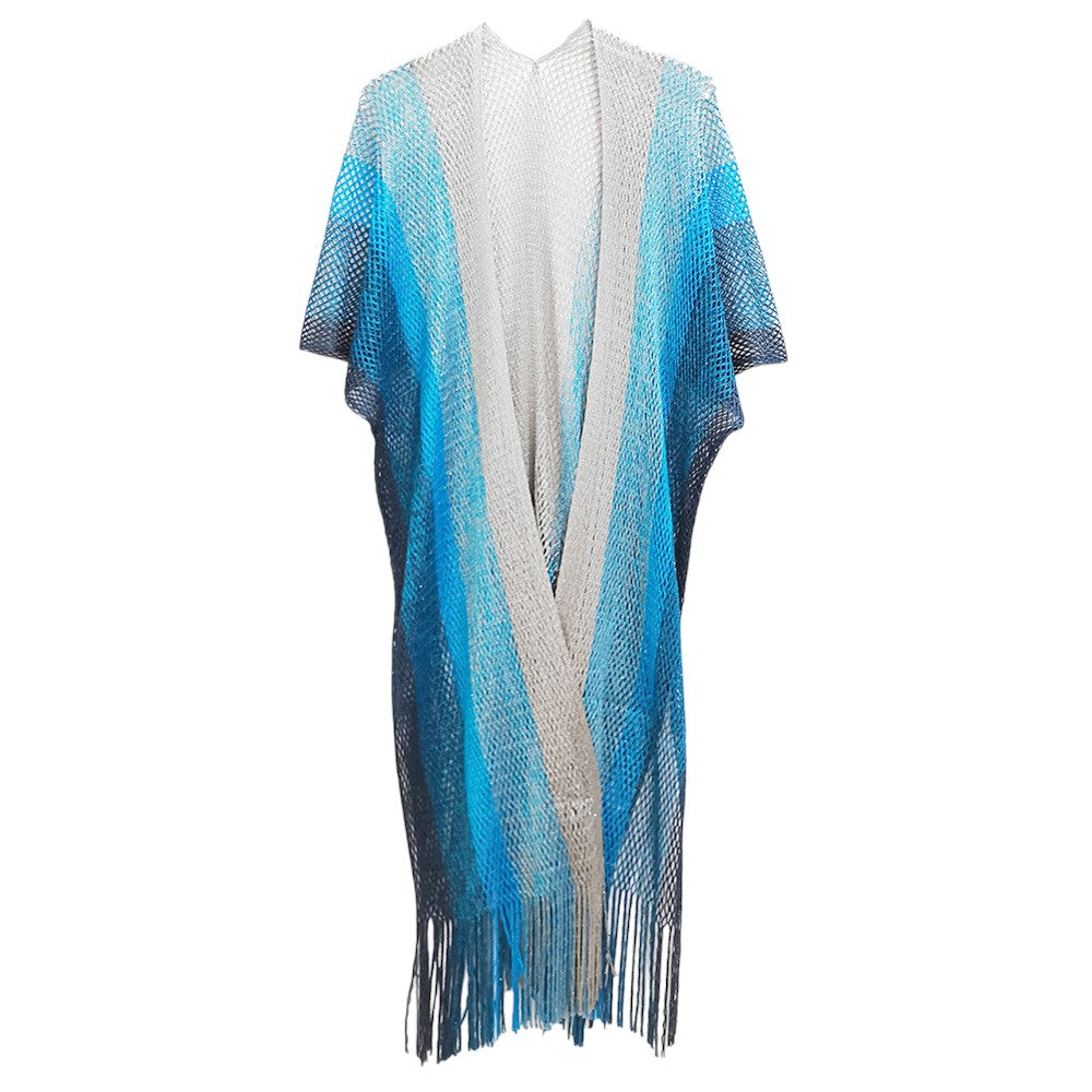Turquoise Two Tone Lurex Kimono Poncho is a versatile and stylish addition to any wardrobe. Made with a unique Lurex fabric, it adds a touch of shimmer to your outfit. Its kimono design offers a comfortable and flattering fit, making it suitable for any body type. Perfect for adding a pop of color and sparkle to your outfit.