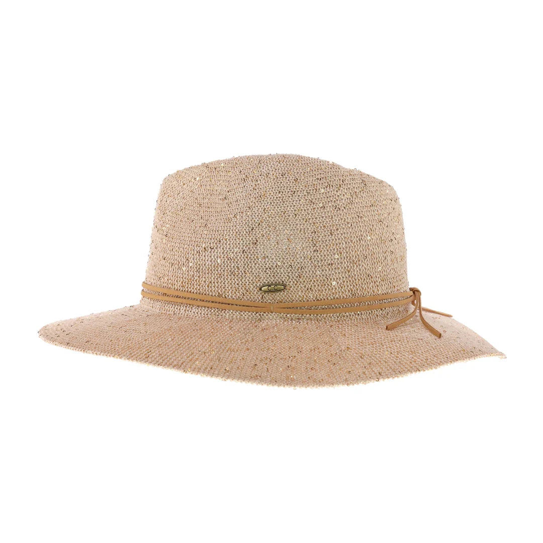 C.C knitted panama hat with gold sequins and wide brim in natural beige