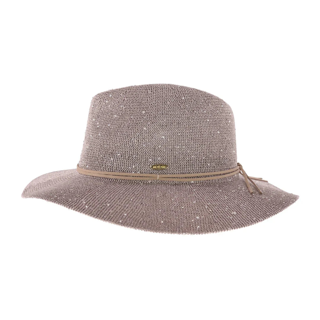 Gray Black C.C knitted panama hat with sequins and wide brim