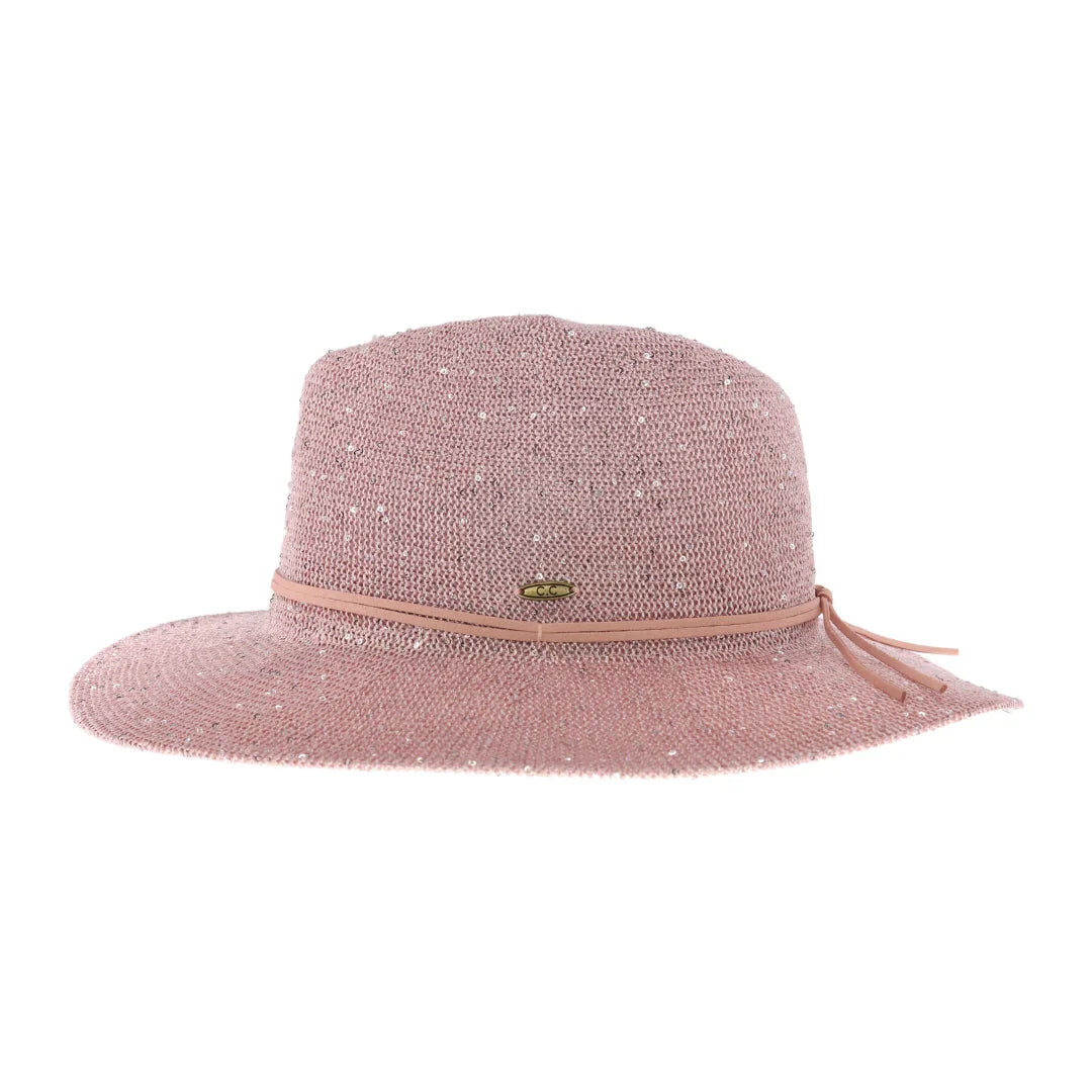 Mauve C.C knitted panama hat with sequins and wide brim