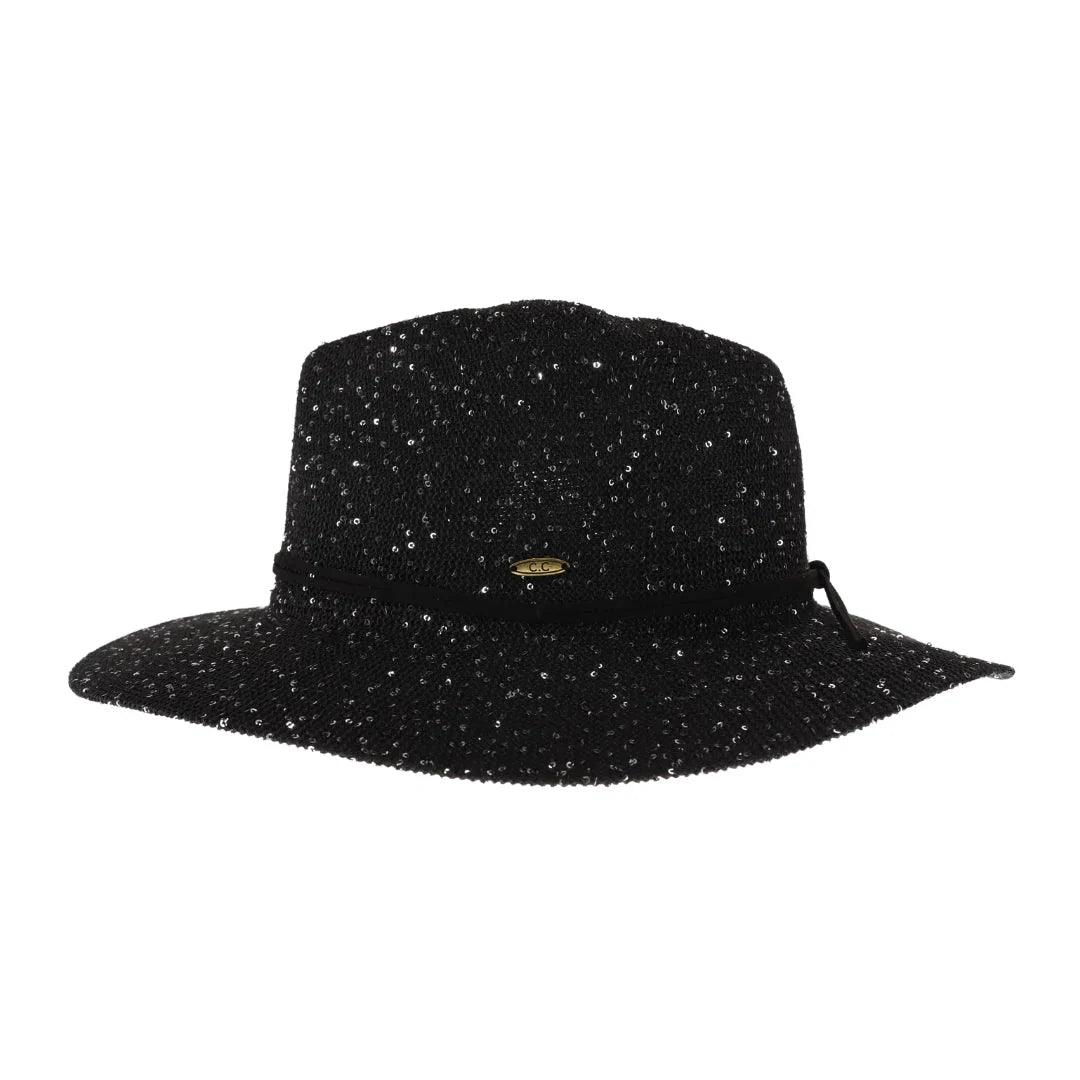 Black C.C knitted panama hat with sequins and wide brim