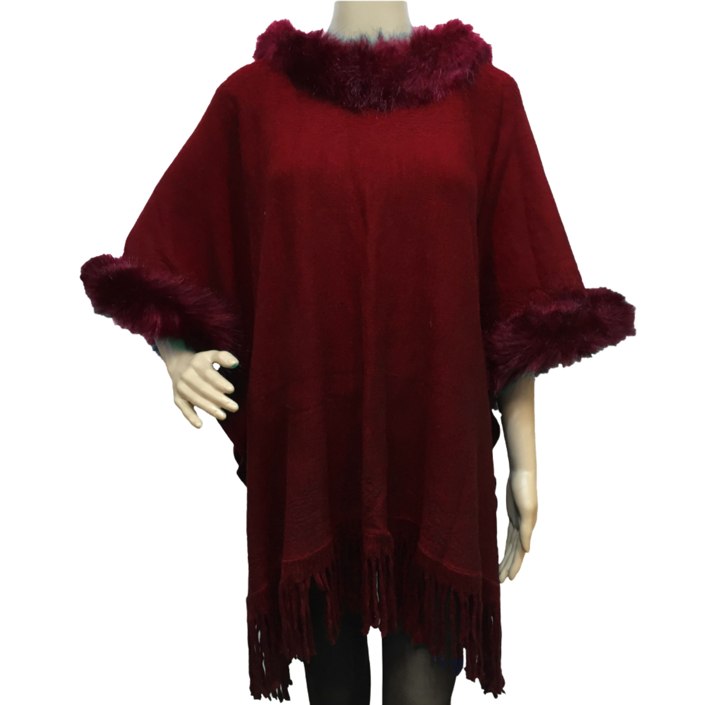 Faux Fur Trim Knit Ruana with Fringe
