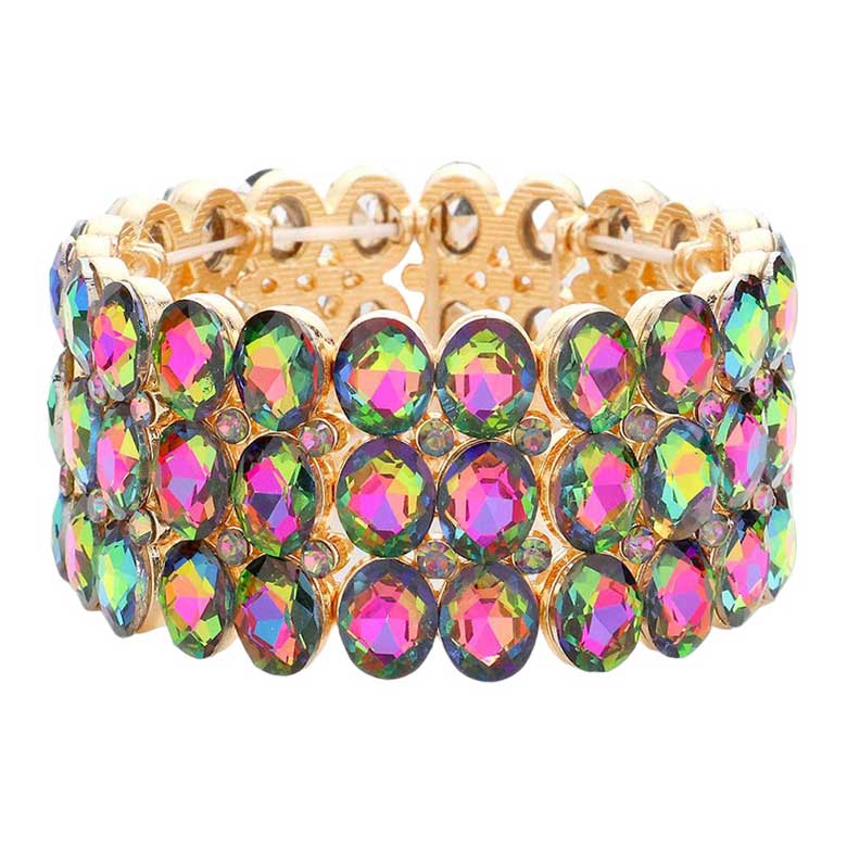 Vitrail Oval Stone Cluster Stretch Evening Bracelet, This beautiful bracelet features an elegant design with 14K rose gold plated accents and center stones for a stunning, eye-catching look. Enjoy the comfort of the elasticized fit and the glamour of special occasions. Perfect for your next formal event or evening out.