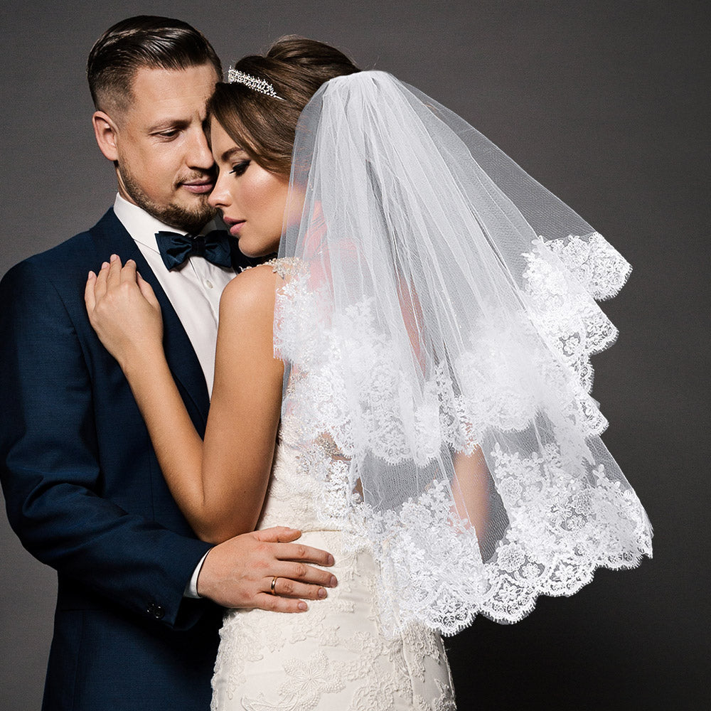 Madeline Love White Flower Lace 2 Tier Classy Wedding Veil - Wedding & Bridal