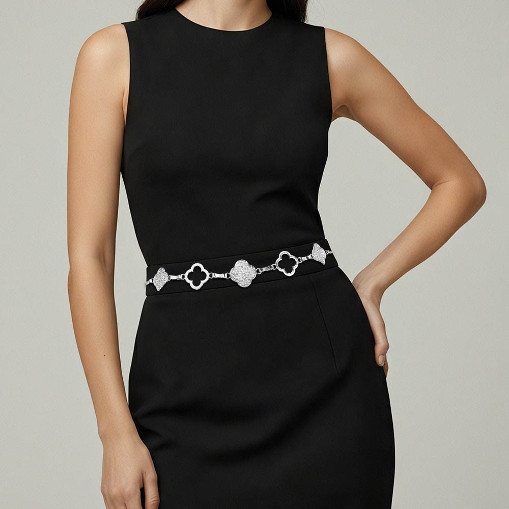 Madeline Love Clear, Rhodium Rhinestone Pave Open Quatrefoil Charm Link Waist Chain Belt - Jewelry