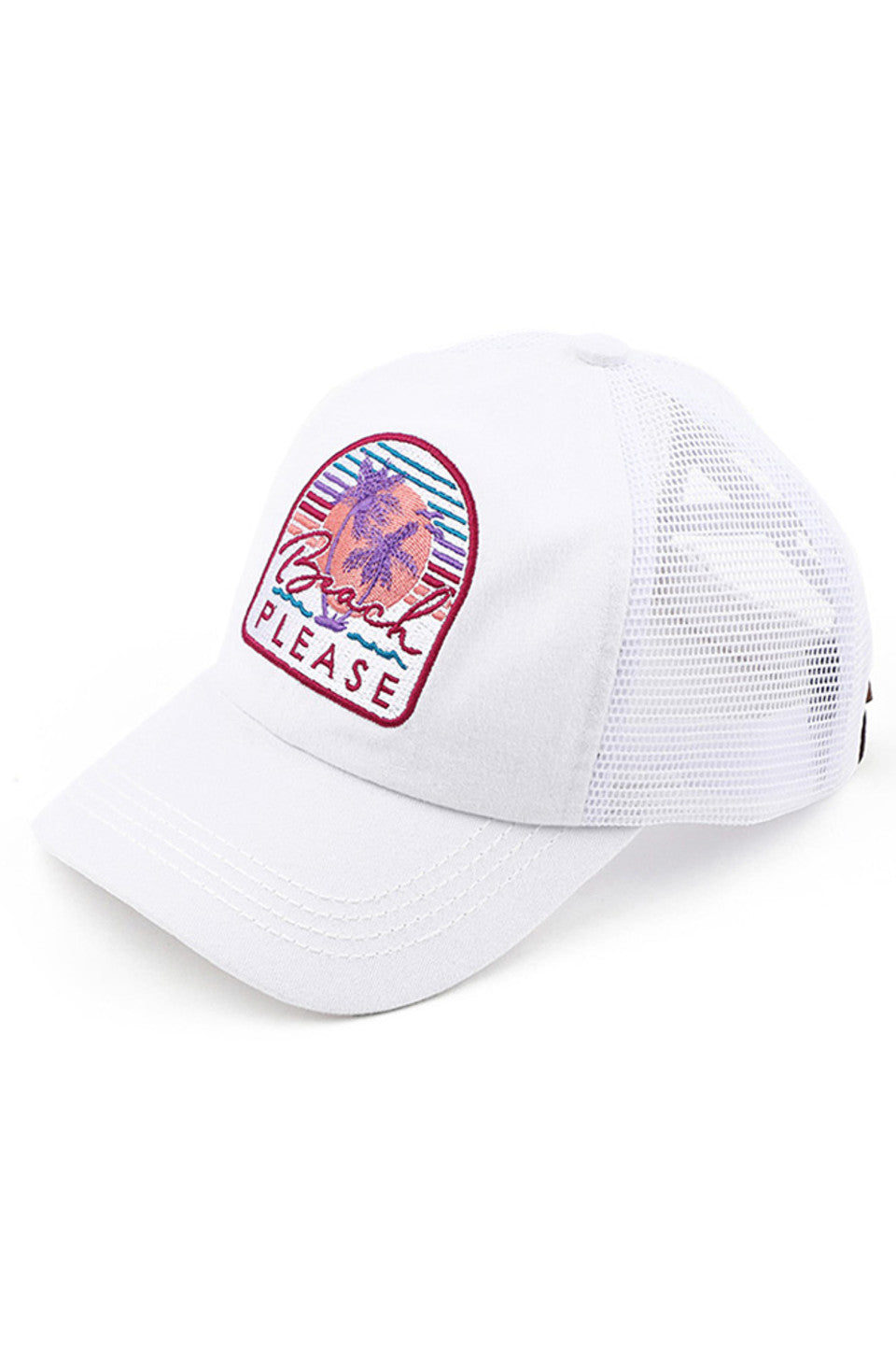 White C.C BEACH PLEASE CRISS CROSS PONY CAP is your ultimate beach companion. The crisscross design adds a stylish touch to this versatile cap, perfect for keeping your ponytail in place while enjoying your day in the sun. Made with high-quality materials, this cap provides a snug fit for all-day comfort.