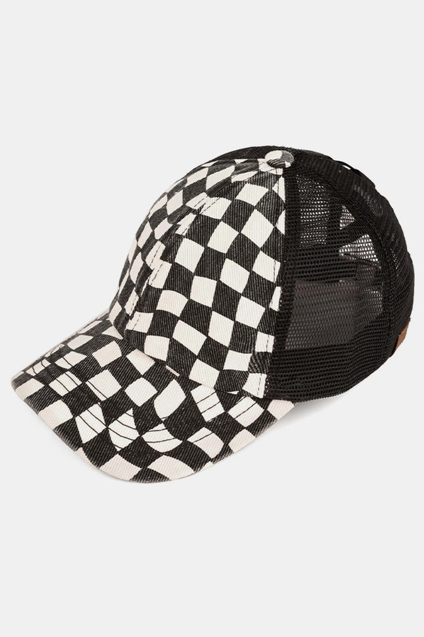 White C.C. CHECKERED PATTERN CRISS CROSS BASEBALL CAP is a stylish accessory for any outfit. The checkerboard pattern adds a trendy touch, while the crisscross design provides a unique and comfortable fit. Made from high-quality materials, this cap is durable and perfect for everyday wear.
