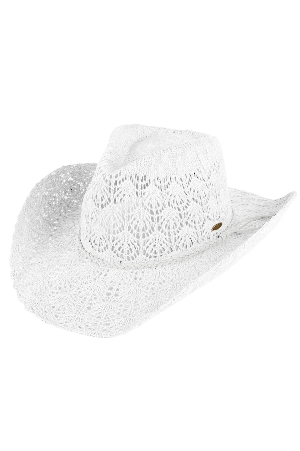White C.C. Horseshoe Lace Knitting Cowboy Hat is expertly crafted with intricate lace details and a classic western design. Made with high-quality materials, it offers both style and functionality, perfect for any outdoor adventure. Keep the sun out of your eyes while adding a touch of elegance to your outfit.