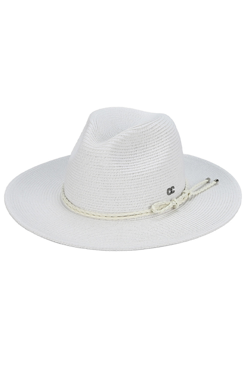 White C.C Leather String Rope Band Paper Panama Hat features a durable leather string rope band and is made of high-quality paper material. Perfect for a stylish yet practical accessory to protect from the sun's harmful rays. Expertly crafted, this hat showcases intricate details and is designed to last.