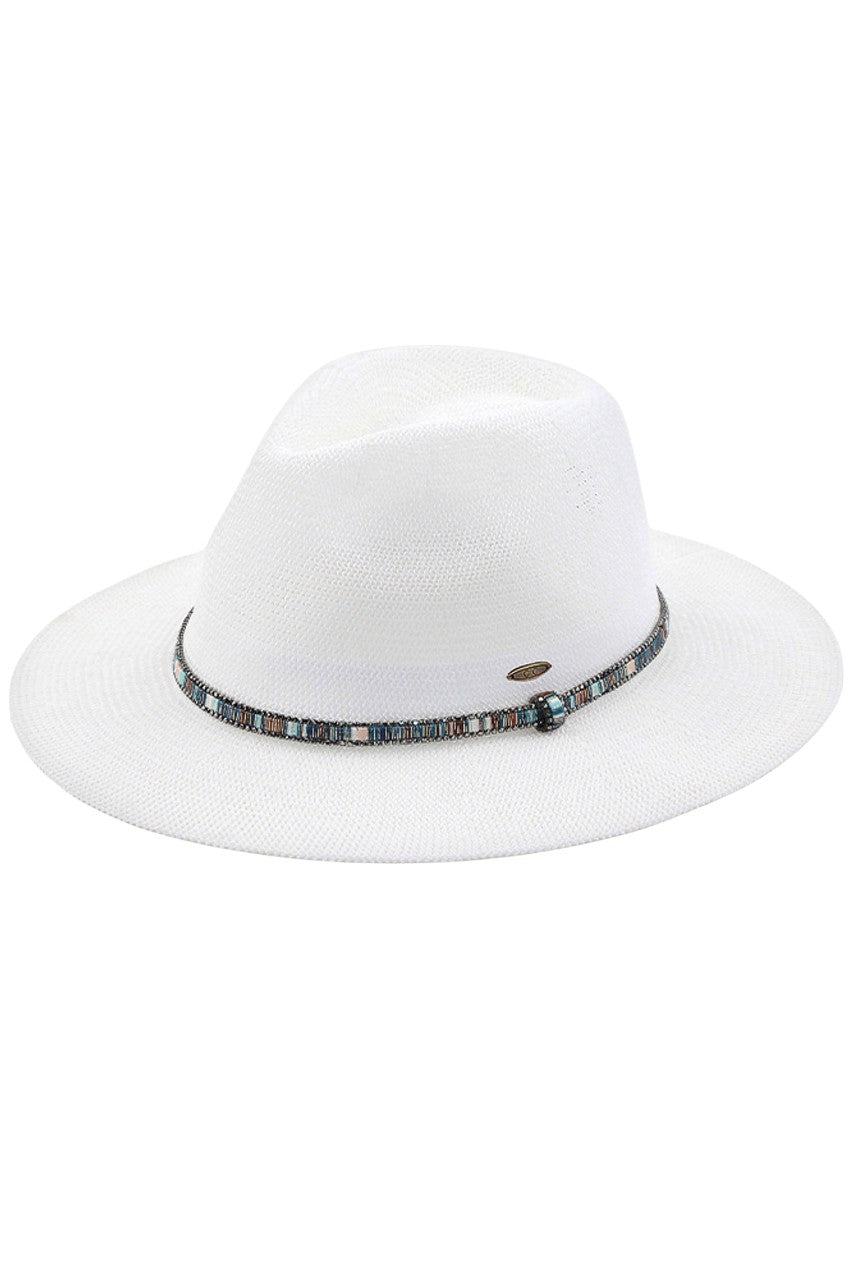 White C.C MULTI-THREAD RHINESTONE TRIM BAND PANAMA HAT is a must-have accessory for any fashion-forward individual. Crafted with multi-threaded material and adorned with stunning rhinestone trim, this hat adds a touch of elegance to any outfit. With its versatile design, it's perfect for any occasion and provides excellent sun protection.