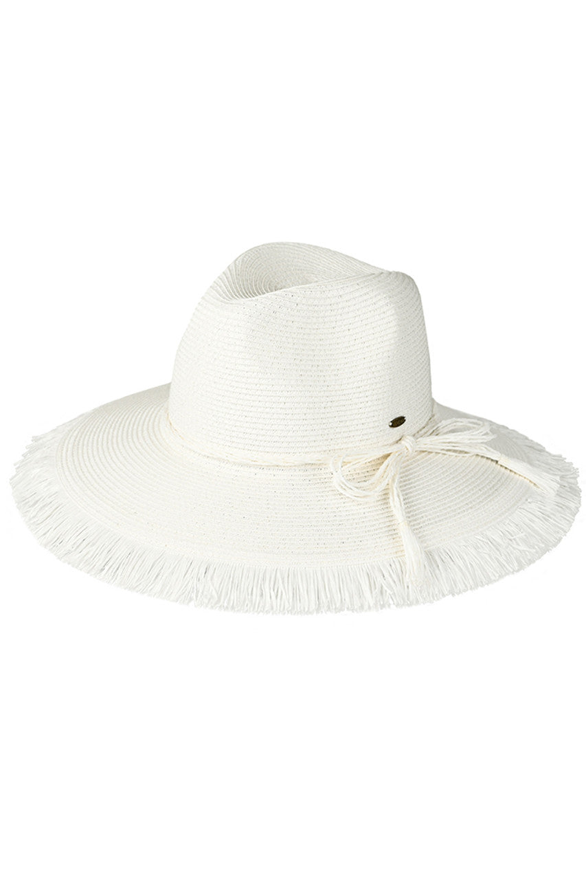 White C.C Straw String Ribbon Band Fringe Panama Hat is the perfect accessory for any sunny day. Made of high-quality straw material, this hat features a stylish ribbon band and fun fringe detail. It provides 360-degree sun protection while keeping you cool and stylish.