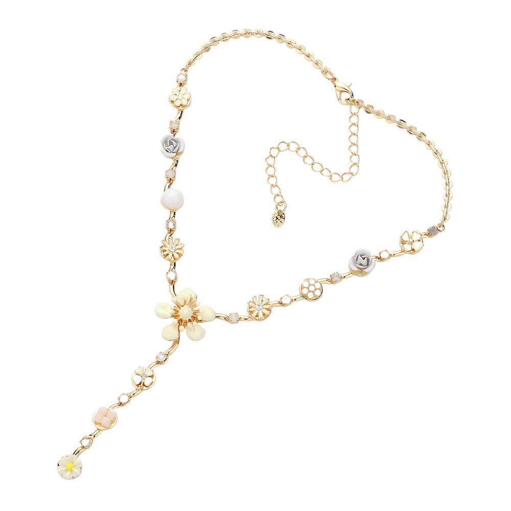 White Enamel Flower Stone Embellished Y Choker Jewelry Set, This beautiful set offers a unique eye-catching piece crafted with quality materials for a striking addition to any look. The set is adorned with bright enamel flowers and glimmering stones for a chic and elegant look. Wear it and dazzle on any special occasion.